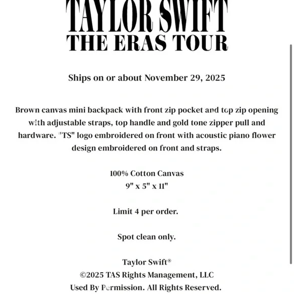 TAYLOR SWIFT THE ERAS TOUR ACOUSTIC PIANO MINI BACKPACK - Picture 4 of 4